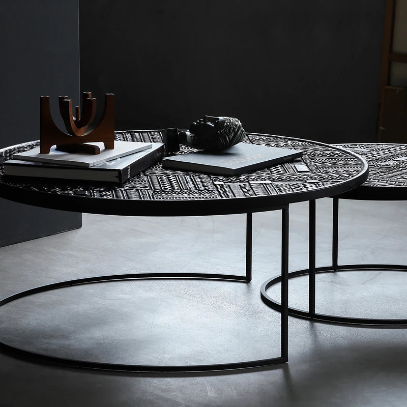 Stylish Round Teak and Metal Tea Table with Intricate Pattern Design - Modern Coffee Table for Living Room hsxz-2197