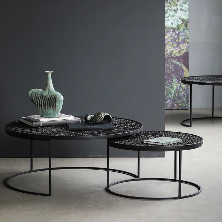 Stylish Round Teak and Metal Tea Table with Intricate Pattern Design - Modern Coffee Table for Living Room hsxz-2197
