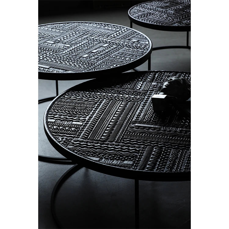 Stylish Round Teak and Metal Tea Table with Intricate Pattern Design - Modern Coffee Table for Living Room hsxz-2197