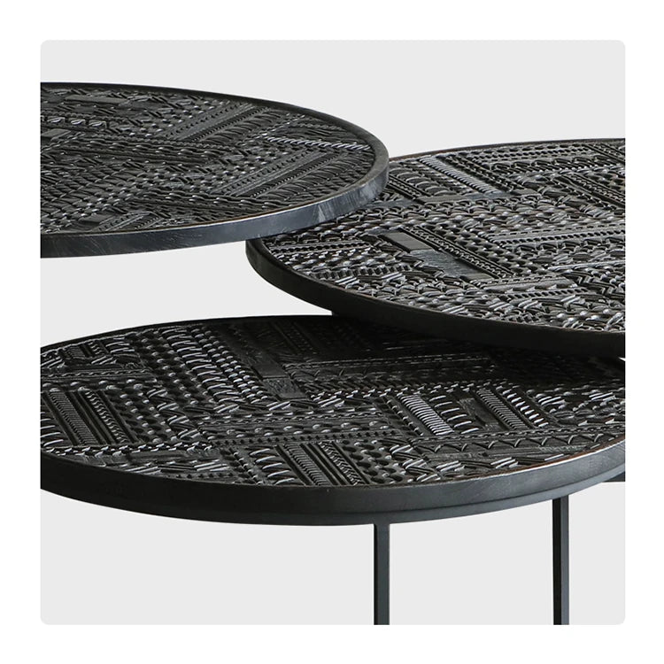 Stylish Round Teak and Metal Tea Table with Intricate Pattern Design - Modern Coffee Table for Living Room hsxz-2197