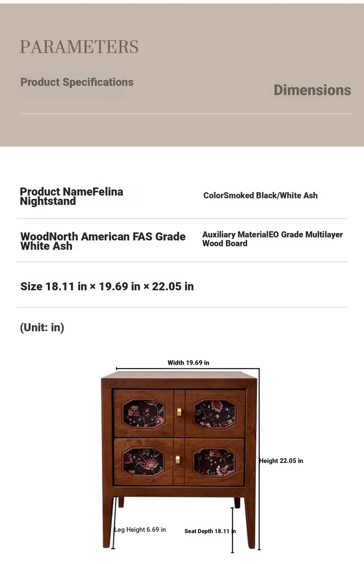 Stylish Ash Wood Bedside Cupboard with Decorative Drawers for Modern Bedrooms hsysg-4966