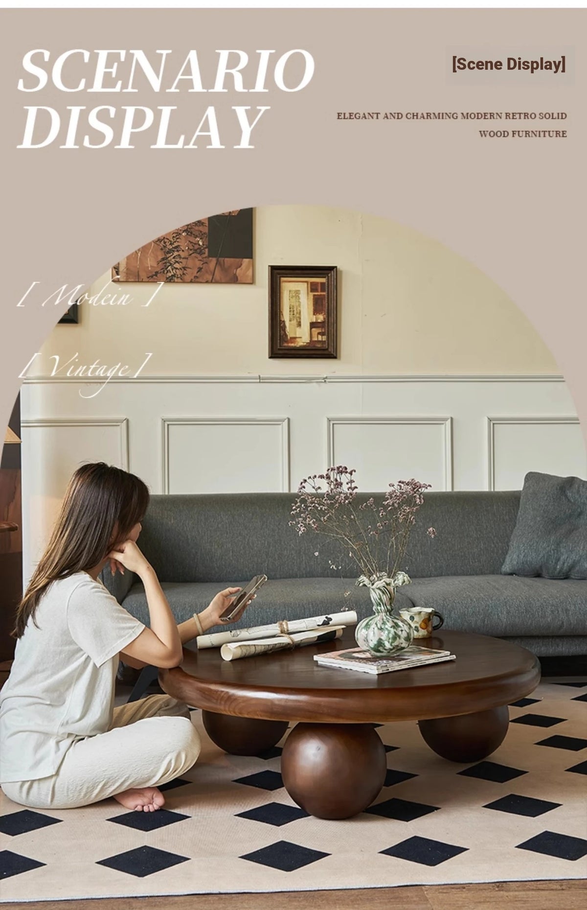 Stylish Round Ash Wood Tea Table with Unique Ball Legs – Perfect Living Room Centerpiece hsysg-4971
