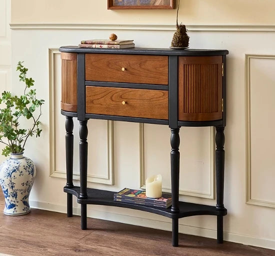 Elegant Ash Wood Multi-Layer Board Cabinet with Two Drawers and Vintage Charm hsysg-4991