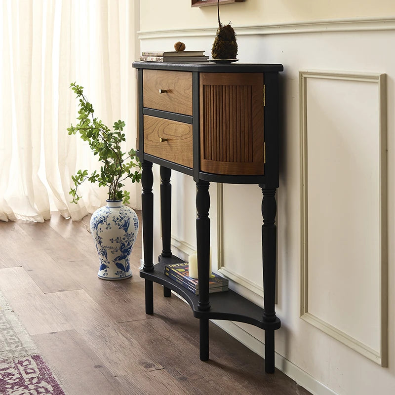 Elegant Ash Wood Multi-Layer Board Cabinet with Two Drawers and Vintage Charm hsysg-4991
