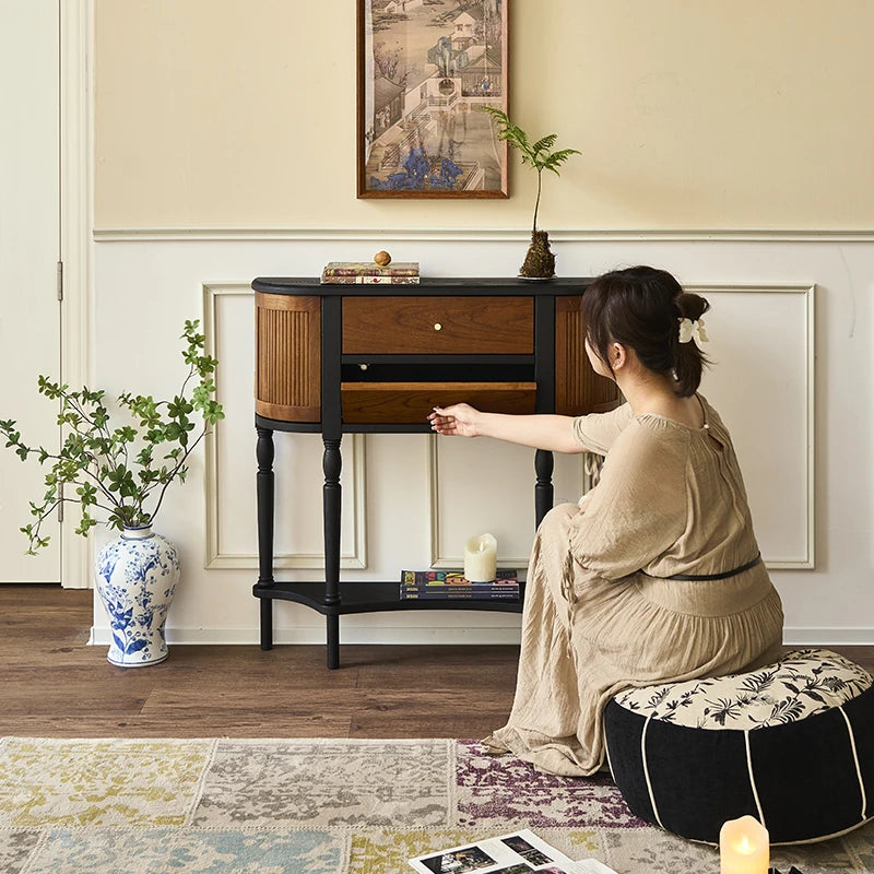 Elegant Ash Wood Multi-Layer Board Cabinet with Two Drawers and Vintage Charm hsysg-4991