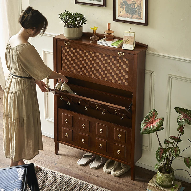 Stylish Ash Wood Multi-Layer Cabinet with Elegant Checkerboard Design - Perfect Storage Solution for Modern Homes hsysg-4992