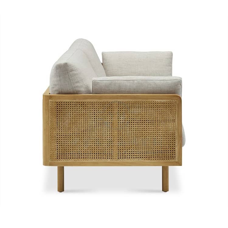 Stylish Grey Sofa with Natural Wood and Black Ash Accents – Rattan and Cotton Linen Blend htzm-1504