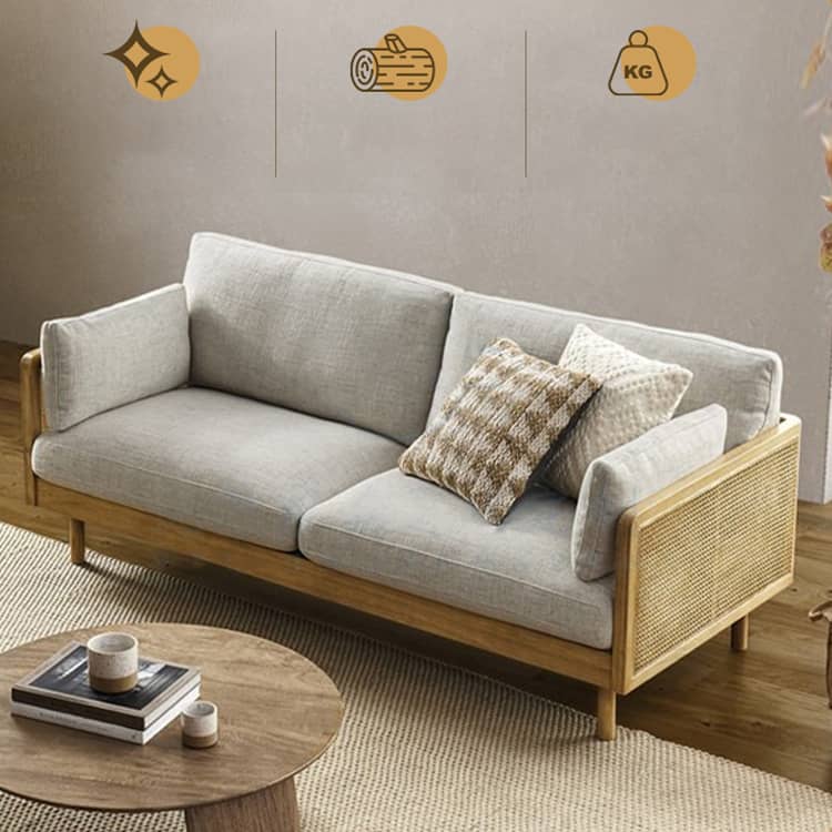 Stylish Grey Sofa with Natural Wood and Black Ash Accents – Rattan and Cotton Linen Blend htzm-1504