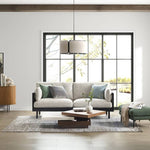 Stylish Grey Sofa with Natural Wood and Black Ash Accents – Rattan and Cotton Linen Blend htzm-1504