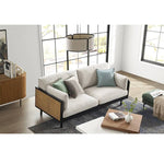 Stylish Grey Sofa with Natural Wood and Black Ash Accents – Rattan and Cotton Linen Blend htzm-1504