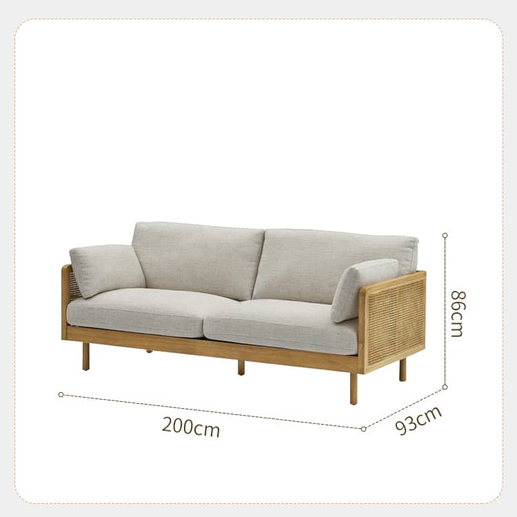 Stylish Grey Sofa with Natural Wood and Black Ash Accents – Rattan and Cotton Linen Blend htzm-1504
