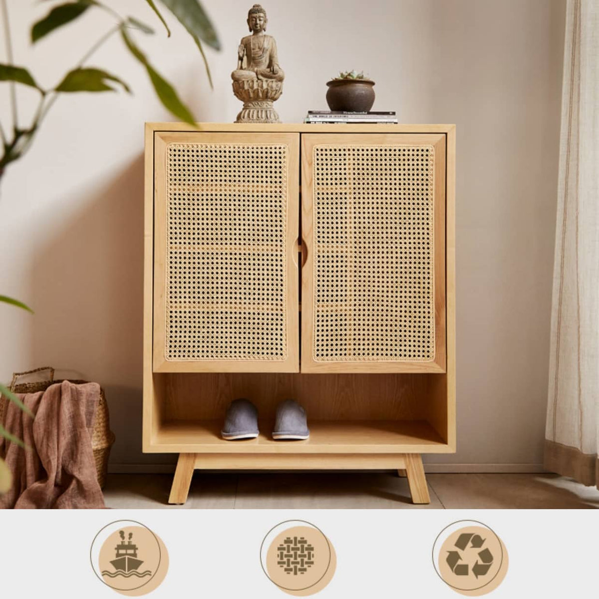 Natural Ash Wood Cabinet with Rattan Accents - Stylish and Durable Storage Solution htzm-1508