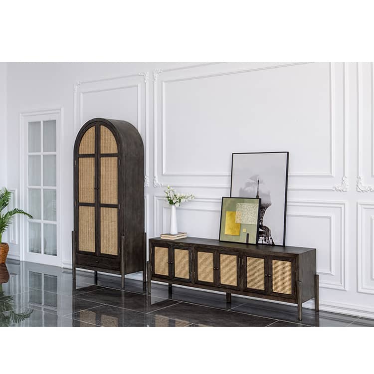 Elegant Black Oak Wood Cabinet with Rattan Accents for Modern Living Rooms htzm-1512