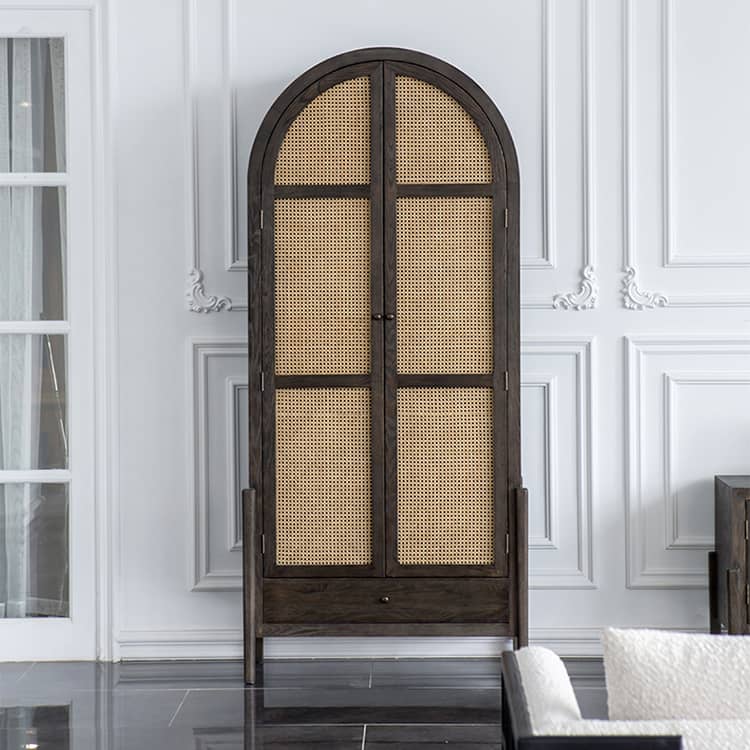 Elegant Black Oak Wood Cabinet with Rattan Accents for Modern Living Rooms htzm-1512