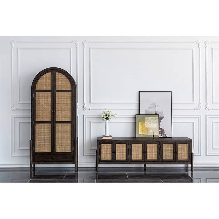 Elegant Black Oak Wood Cabinet with Rattan Accents for Modern Living Rooms htzm-1512