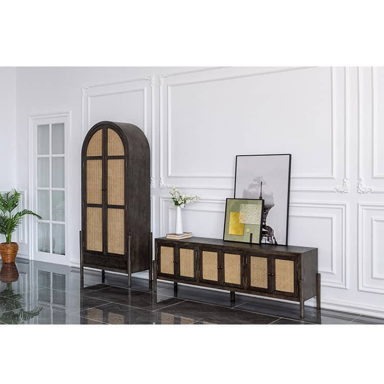 Elegant Black Oak Wood Cabinet with Rattan Accents for Modern Living Rooms htzm-1512