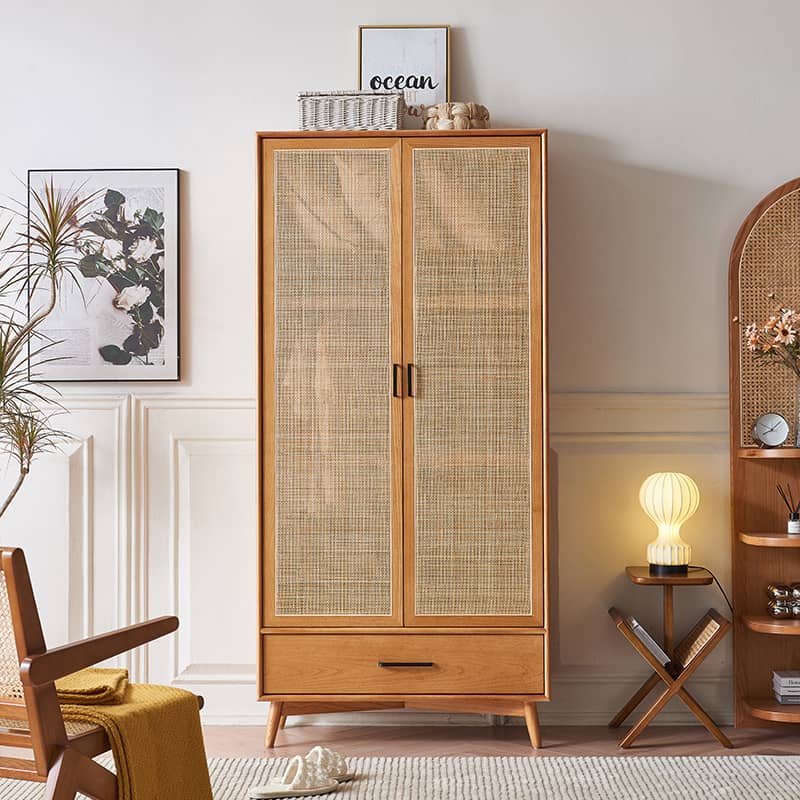 Elegant Ash Wood Cabinet with Natural Rattan Details htzm-1513