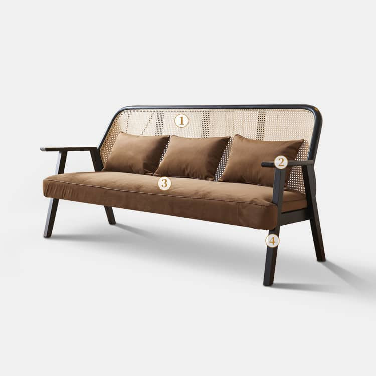 Elegant Dark Brown Ash Wood Sofa with Intricate Rattan Detailing htzm-1514