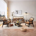 Elegant Dark Brown Ash Wood Sofa with Intricate Rattan Detailing htzm-1514