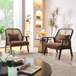 Elegant Dark Brown Ash Wood Sofa with Intricate Rattan Detailing htzm-1514