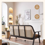 Elegant Dark Brown Ash Wood Sofa with Intricate Rattan Detailing htzm-1514