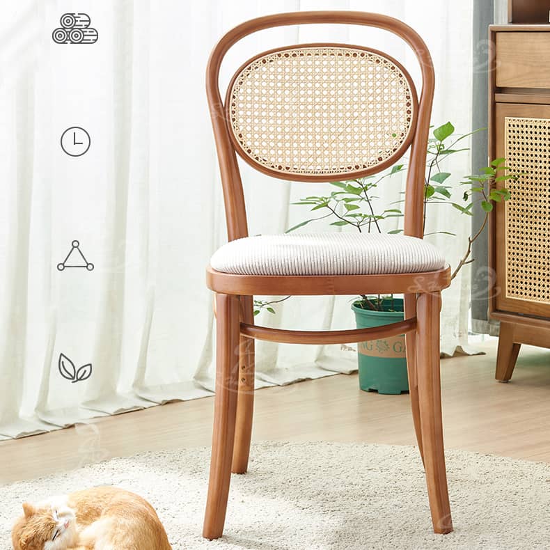 Elegant Brown Cherry Wood Chair with Natural Rattan Accent htzm-1517