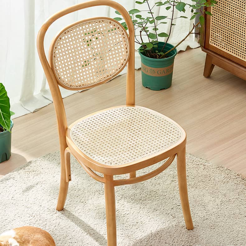 Elegant Brown Cherry Wood Chair with Natural Rattan Accent htzm-1517