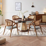 Elegant Brown Ash Wood Table with Rattan Accents and Cotton Linen Blend htzm-1520