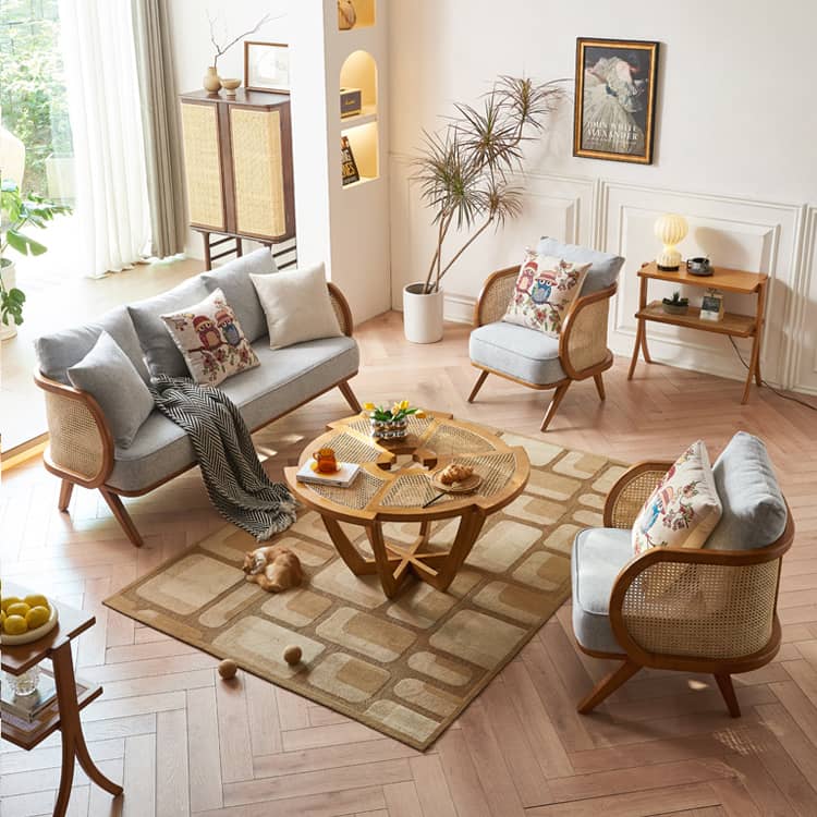 Elegant Ash Wood Sofa with Rattan Accents and Cotton Linen