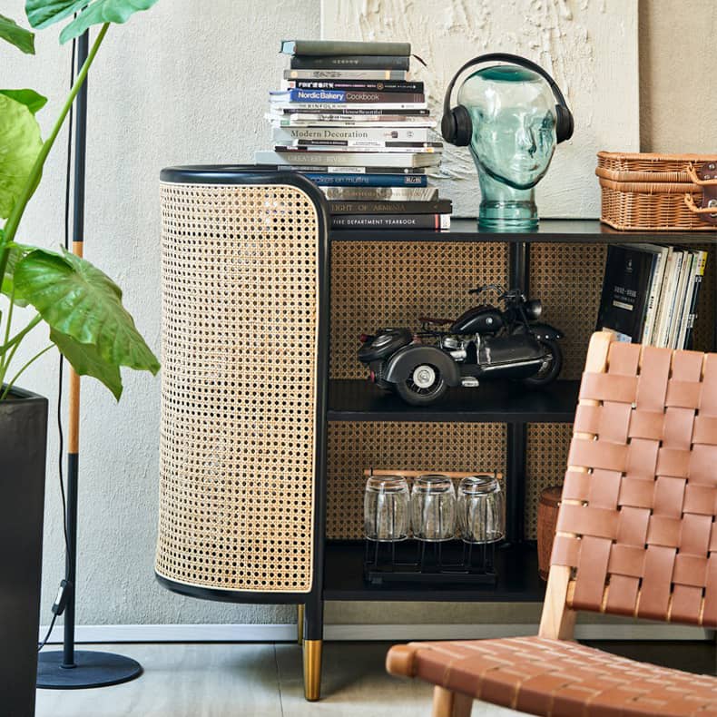 Elegant Black Ash Wood & Rattan Storage Cabinet - Modern Furniture Addition htzm-1525