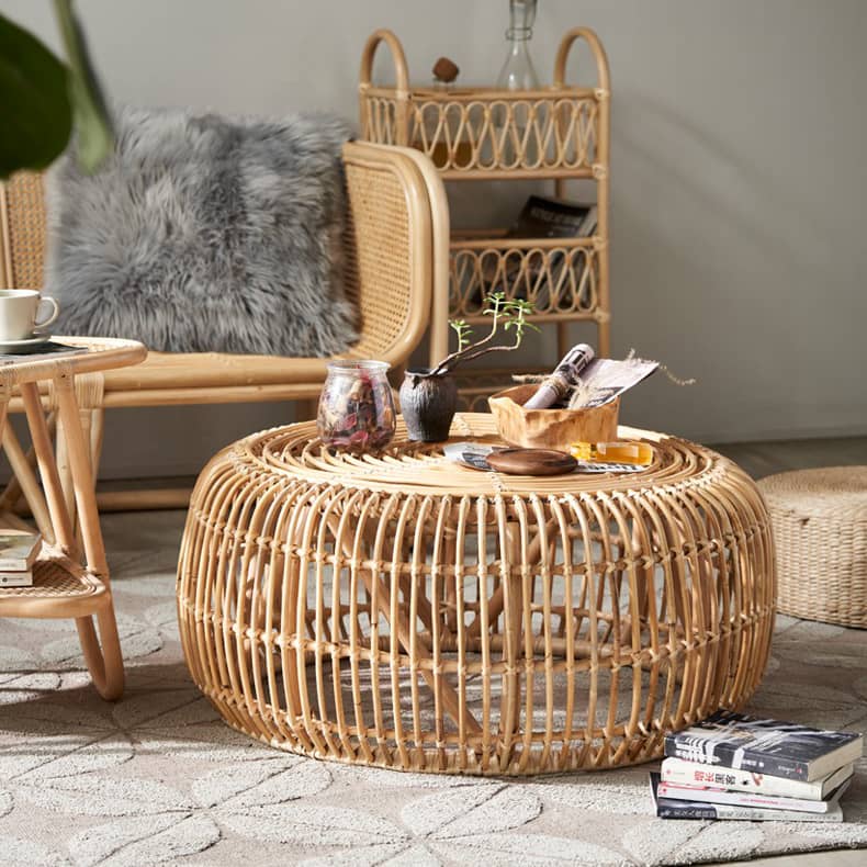 Natural Wood and Rattan Tea Table – Elegant and Durable Design htzm-1528