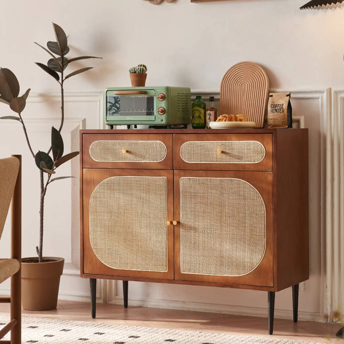 Stylish Brown Ash Wood Cabinet with Elegant Rattan Accents htzm-1529