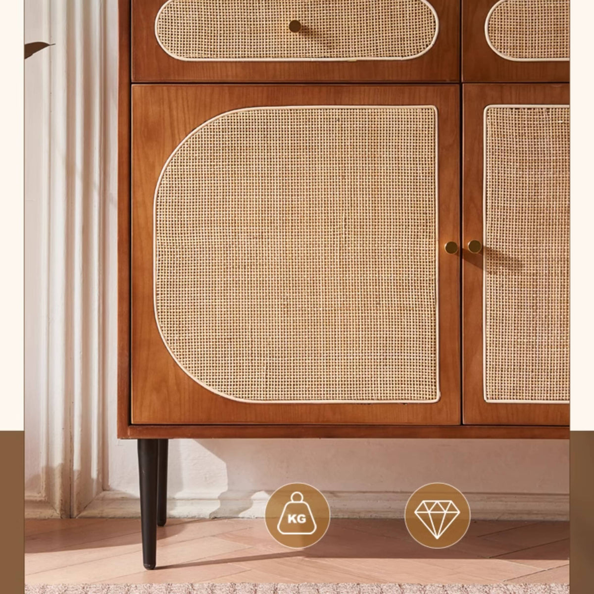 Stylish Brown Ash Wood Cabinet with Elegant Rattan Accents htzm-1529