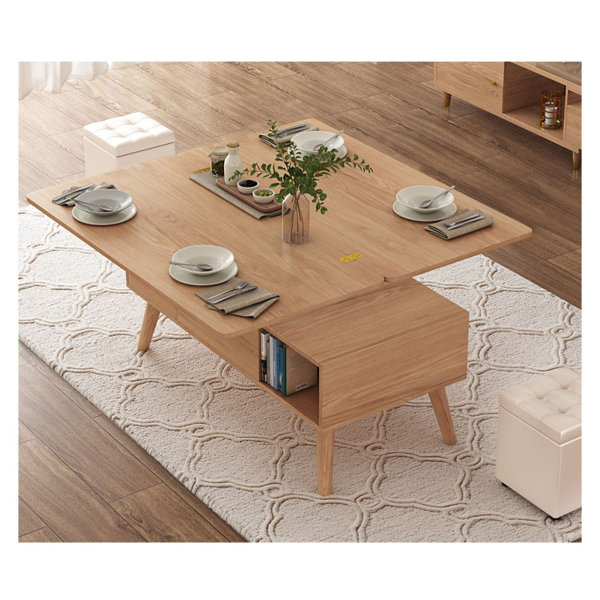 Stylish Natural Oak and White Matte Ceramic Tea Table - Premium Solid Wood Design hx-1564