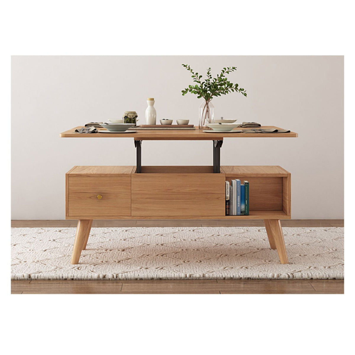 Stylish Natural Oak and White Matte Ceramic Tea Table - Premium Solid Wood Design hx-1564