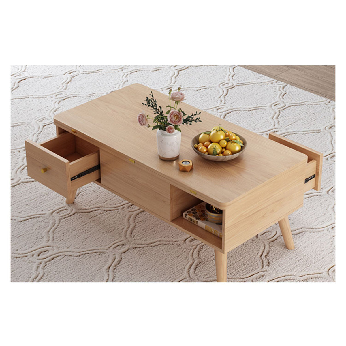 Elegant White Tea Table with Natural Solid Oak Wood and Ceramic Accents hx-1565