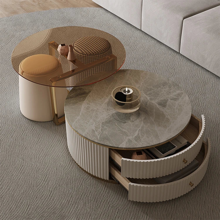 Elegant Tempered Glass Coffee Table with Stainless Steel Base and Sintered Stone Top - Modern Chic Centerpiece for Living Room hxbs-3029