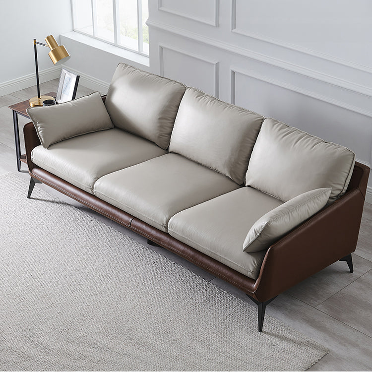 Modern Camel Brown Faux Leather Sofa with Light Gray Cotton Cushions and Birch Wood Frame hxcyj-1336