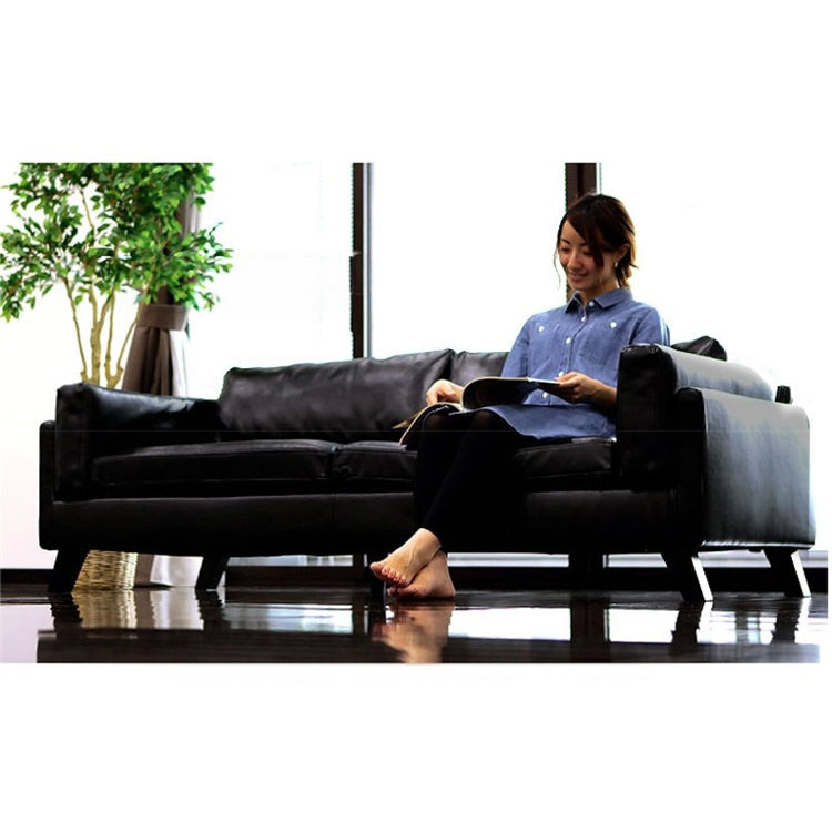 Luxurious Black Faux Leather Sofa with Light Brown Birch Wood Accents hxcyj-1347