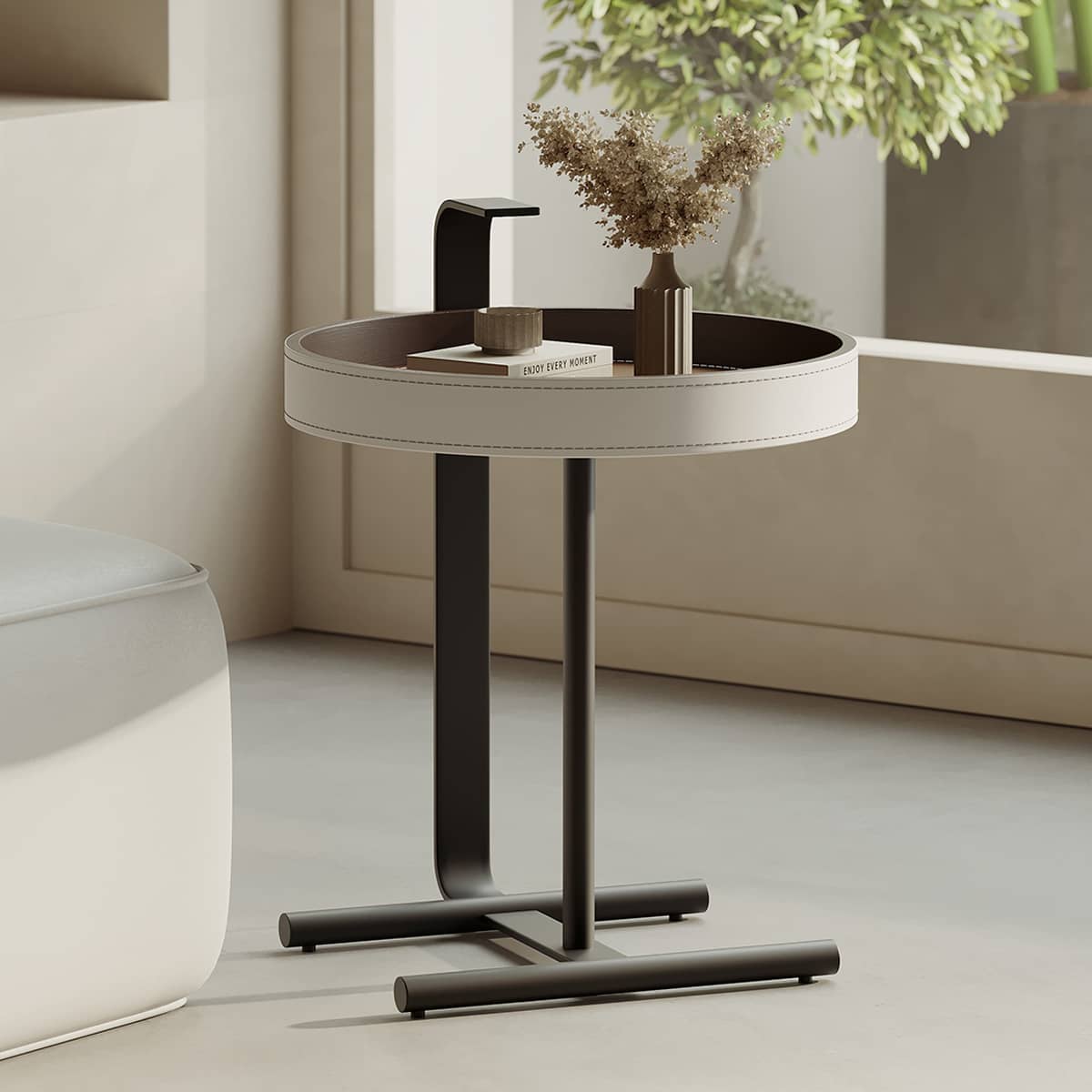 Sleek Carbon Steel Tea Table with Stylish Faux Leather Surface - Modern Design hxj-2705