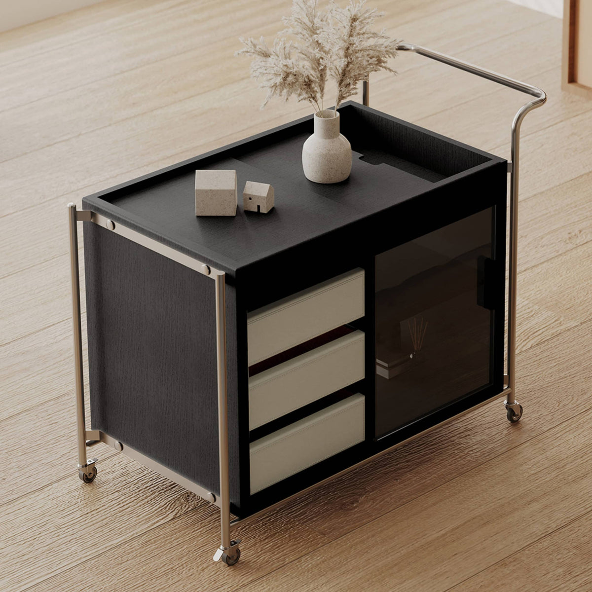 Sleek Stainless Steel Cart with Tempered Glass Shelves and Faux Leather Accents hxj-2706