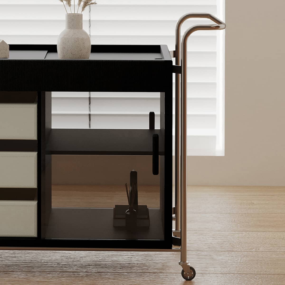 Sleek Stainless Steel Cart with Tempered Glass Shelves and Faux Leather Accents hxj-2706