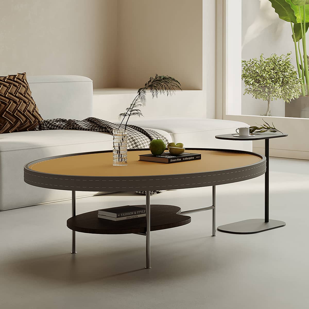 Luxury Faux Leather Tea Table with Elegant Stainless Steel Frame hxj-2707