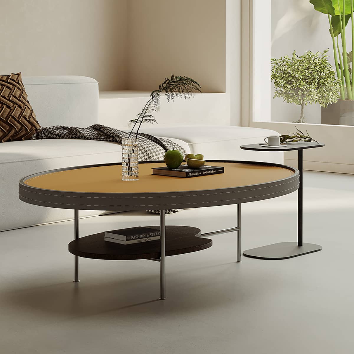 Luxury Faux Leather Tea Table with Elegant Stainless Steel Frame hxj-2707