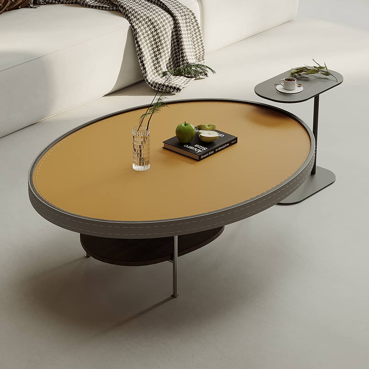 Luxury Faux Leather Tea Table with Elegant Stainless Steel Frame hxj-2707