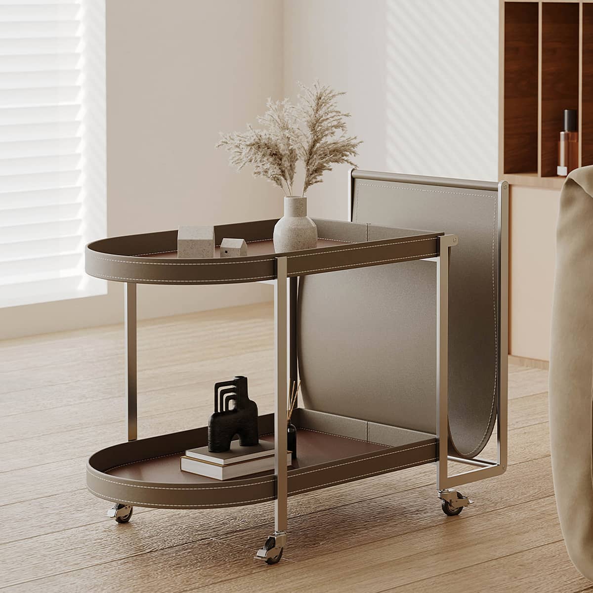 Sleek Faux Leather Stainless Steel Cart - Modern Storage Solution hxj-2708