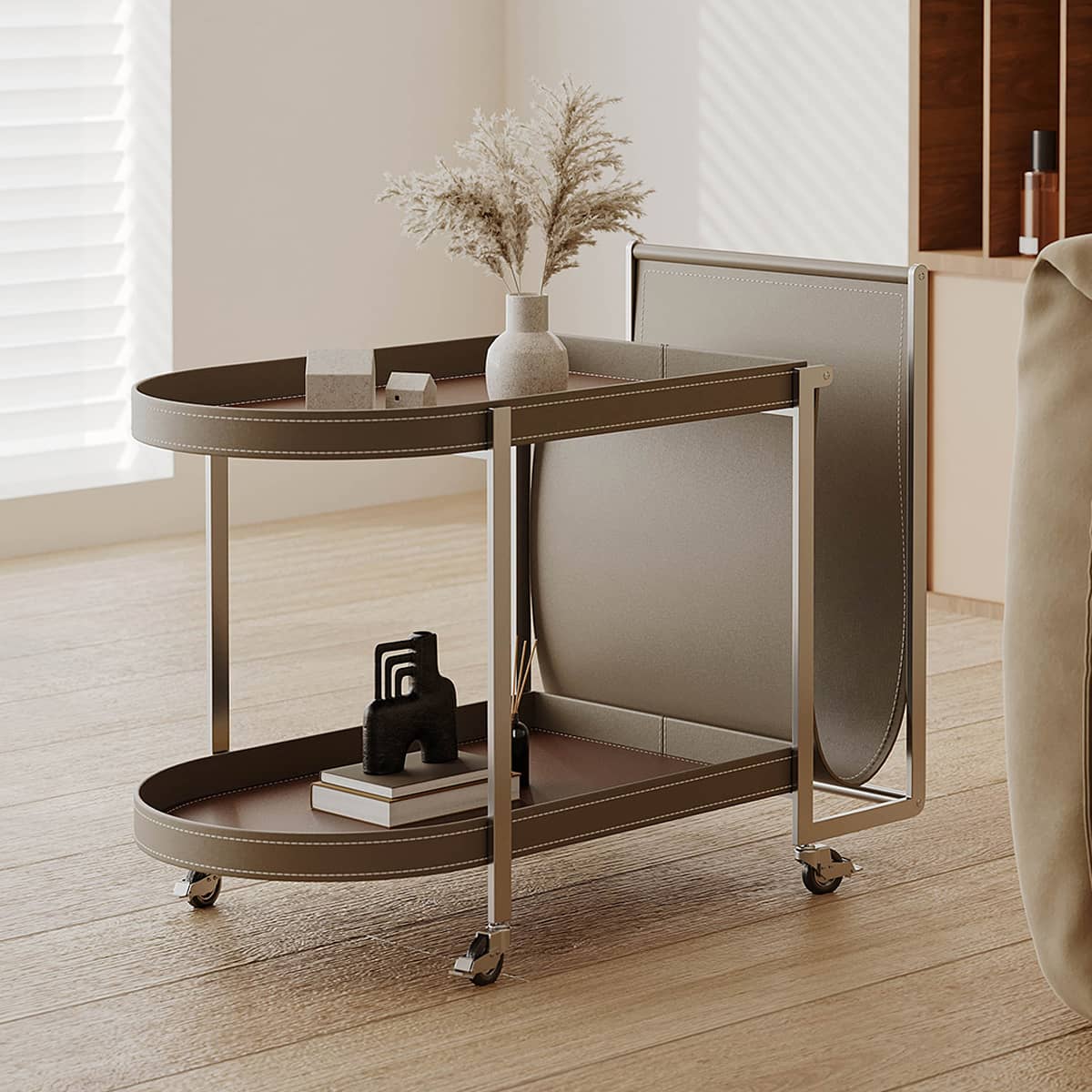 Sleek Faux Leather Stainless Steel Cart - Modern Storage Solution hxj-2708