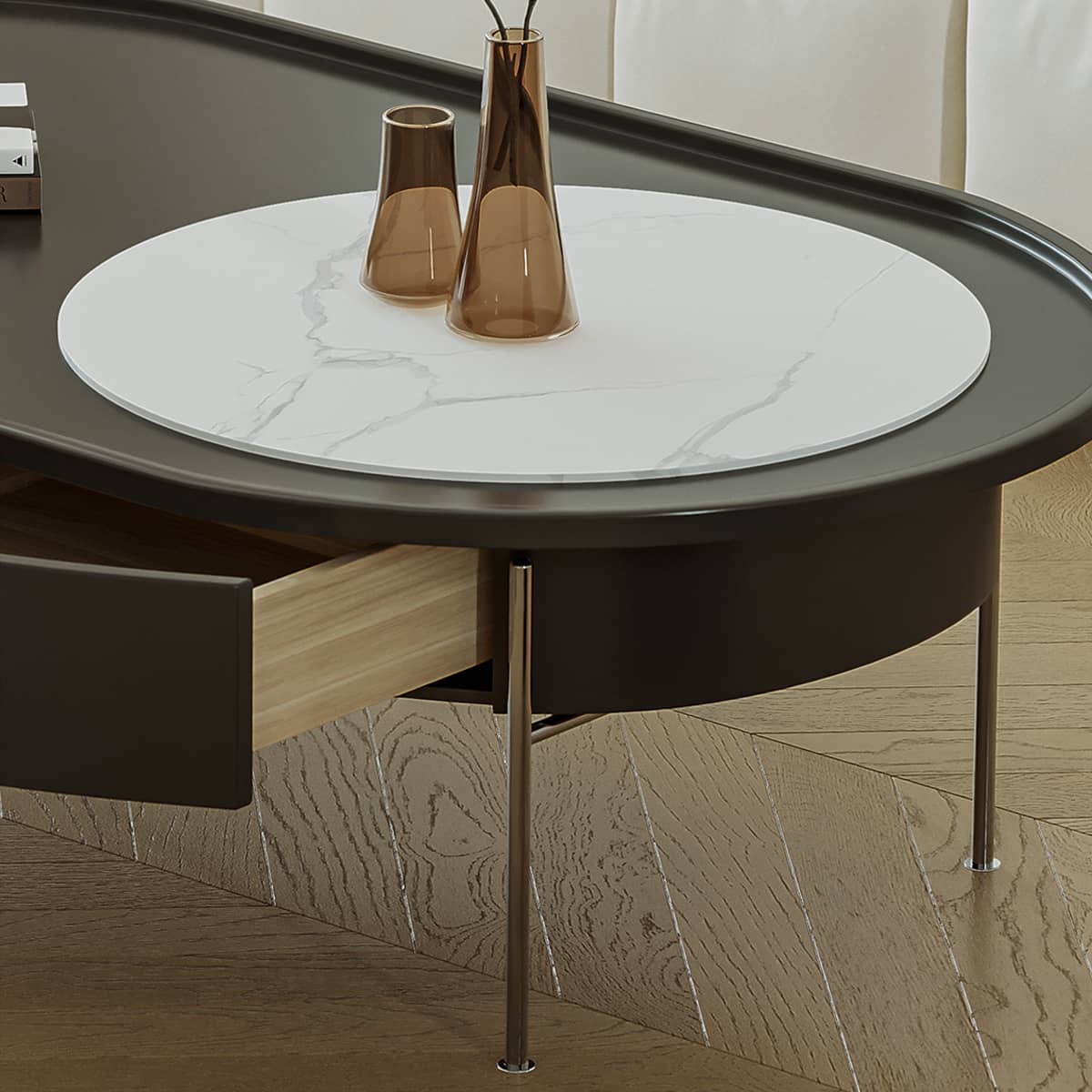 Eco-Friendly Pine Wood Tea Table with Sintered Stone & Stainless Steel hxj-2709