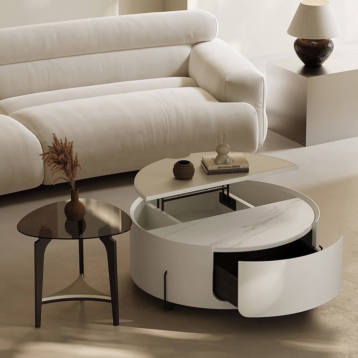 Modern Tea Table - Sintered Stone Top, Carbon Steel Frame, Faux Leather Accents, Tempered Glass Shelf hxj-2729