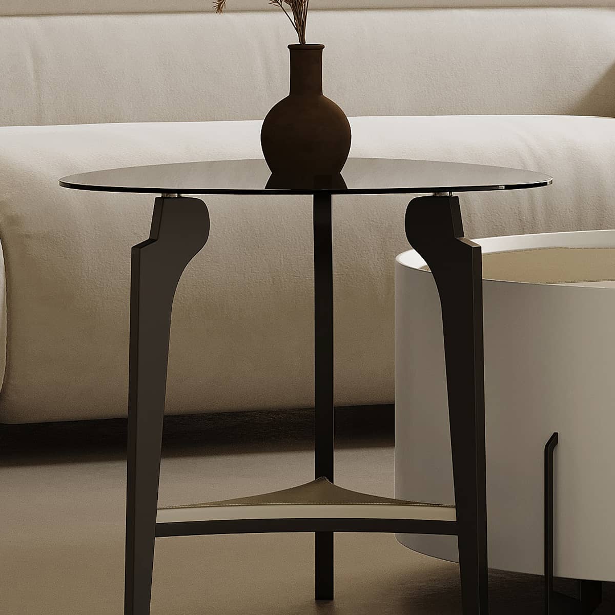 Modern Tea Table - Sintered Stone Top, Carbon Steel Frame, Faux Leather Accents, Tempered Glass Shelf hxj-2729